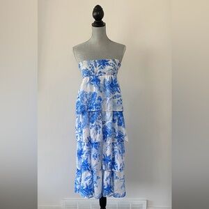 Blue Floral Strapless Dress